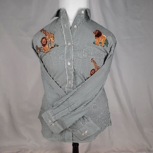 Las Olas shirt green white stripes applique giraffe lion zebra rhinestones zoo - Picture 8 of 14